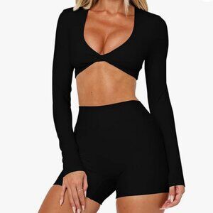 Long Sleeve Deep V Twist Athletic Crop Top
